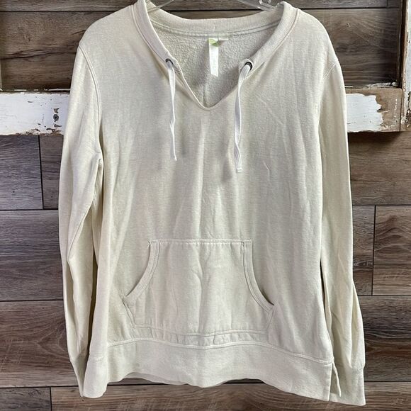 GREEN TEA Beige Handwarmer Pocket Sweatshirt Vneck Drawstring Neckline Sz Large - Picture 2 of 8